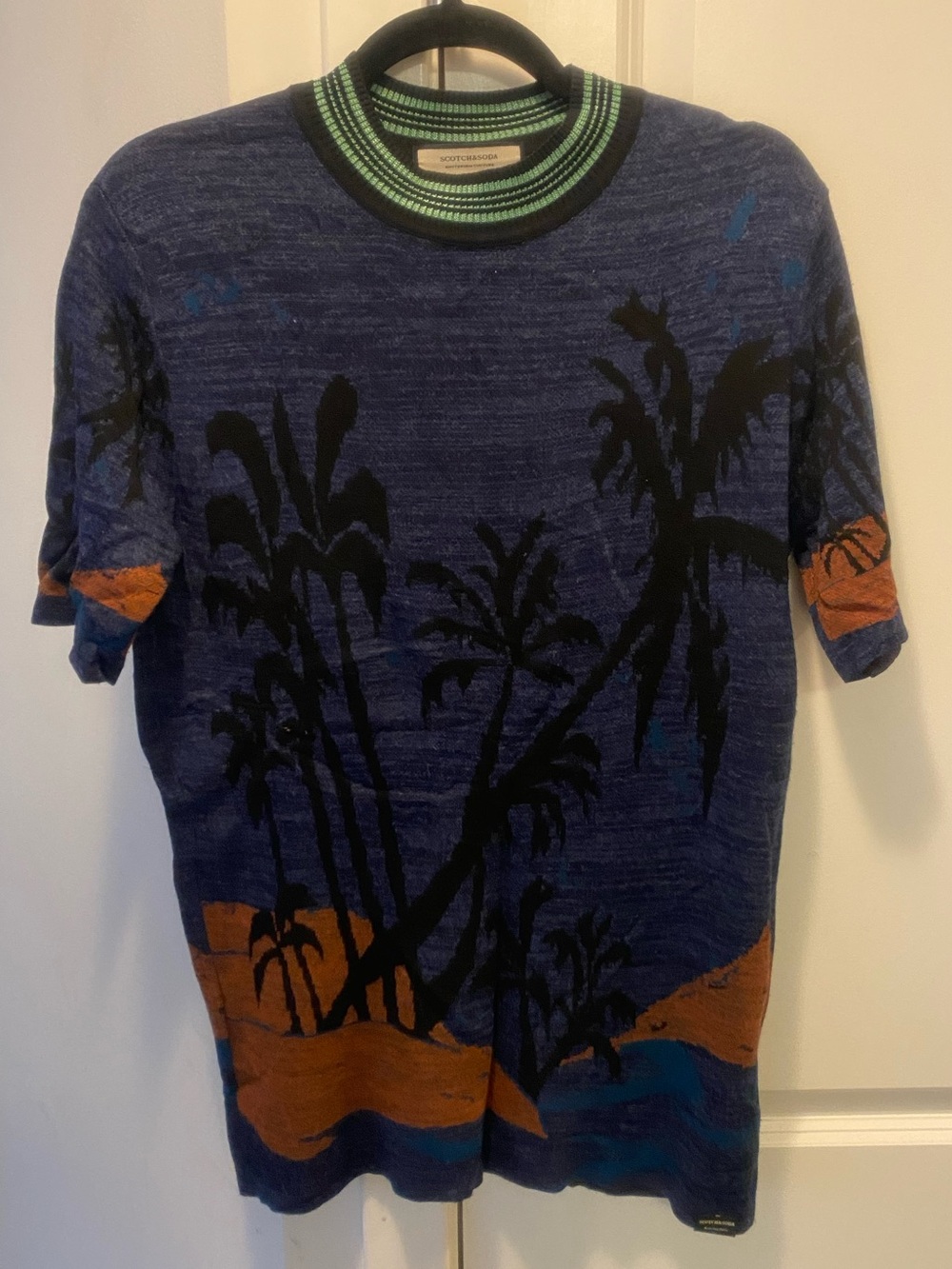Scotch & Soda Navy Blue Short Sleeve Palm-Print Knit Shirt with Rust Accents